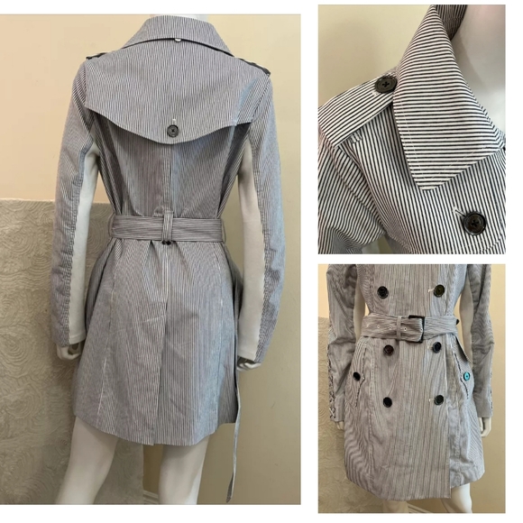 MICHAEL KORS Womens Small Classic Preppy Logo Rain Trench Coat Blue Striped - Picture 3 of 11